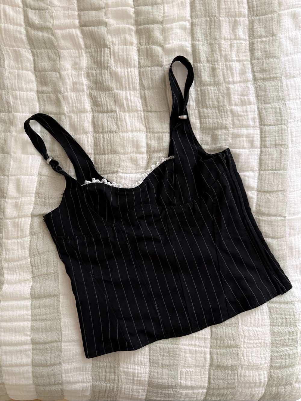 I.AM.GIA Black Pinstripe Lace-Trim Cropped Tank